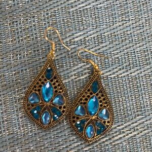 Gold and Blue Filigree Teardrop Earrings